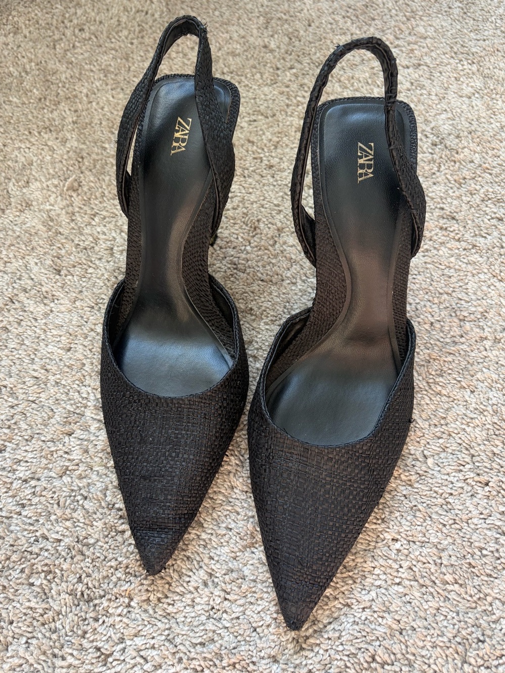 Zara raffia heels with golden 3” heel, size 8